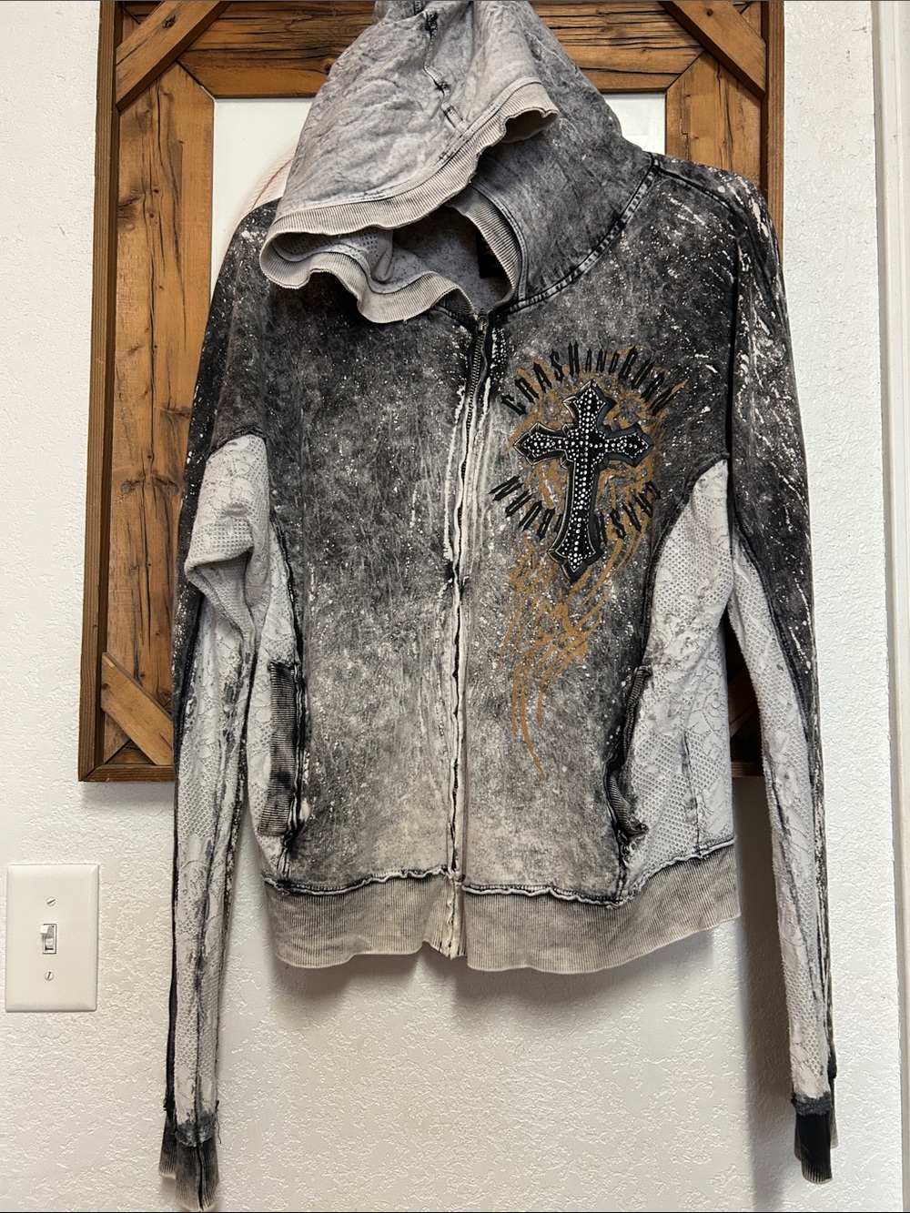 Crash & Burn Black and Gray Acid-Wash Zip Hoodie with Studded Cross